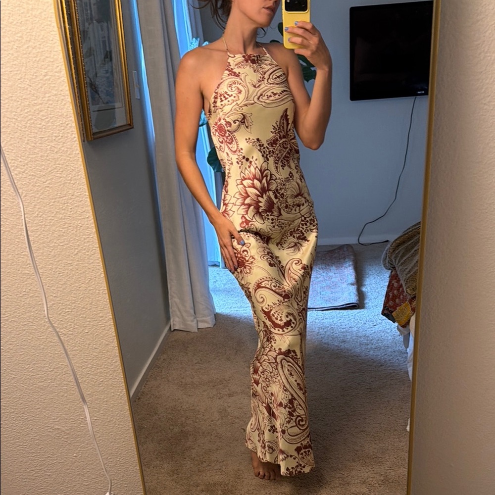 Cream & Burgundy Halter Maxi Dress